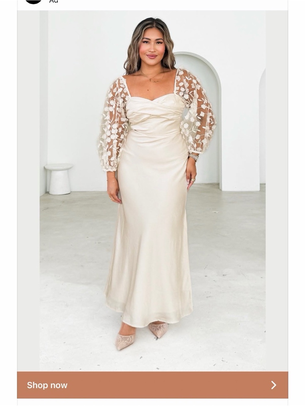 amika Cream Satin Gown with Sheer Floral Puff Sleeves FORMAL DRESS PLUS SIZE